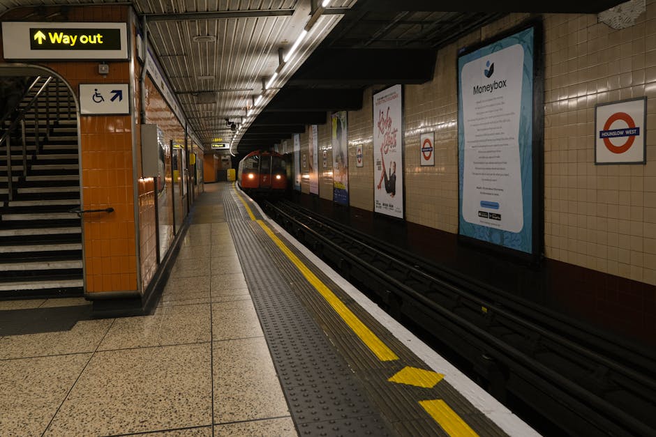An empty railway station platform at night illuminated by overhead fluorescent lighting, with a blue and white passenger train on the left side aligned parallel to the platform. The platform surface f